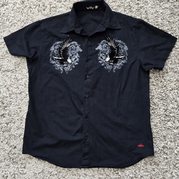 Vintage Code 7 Mens Button-up Casual Black Velvet Eagle Biker Rock Retro Sz L - Picture 6 of 12